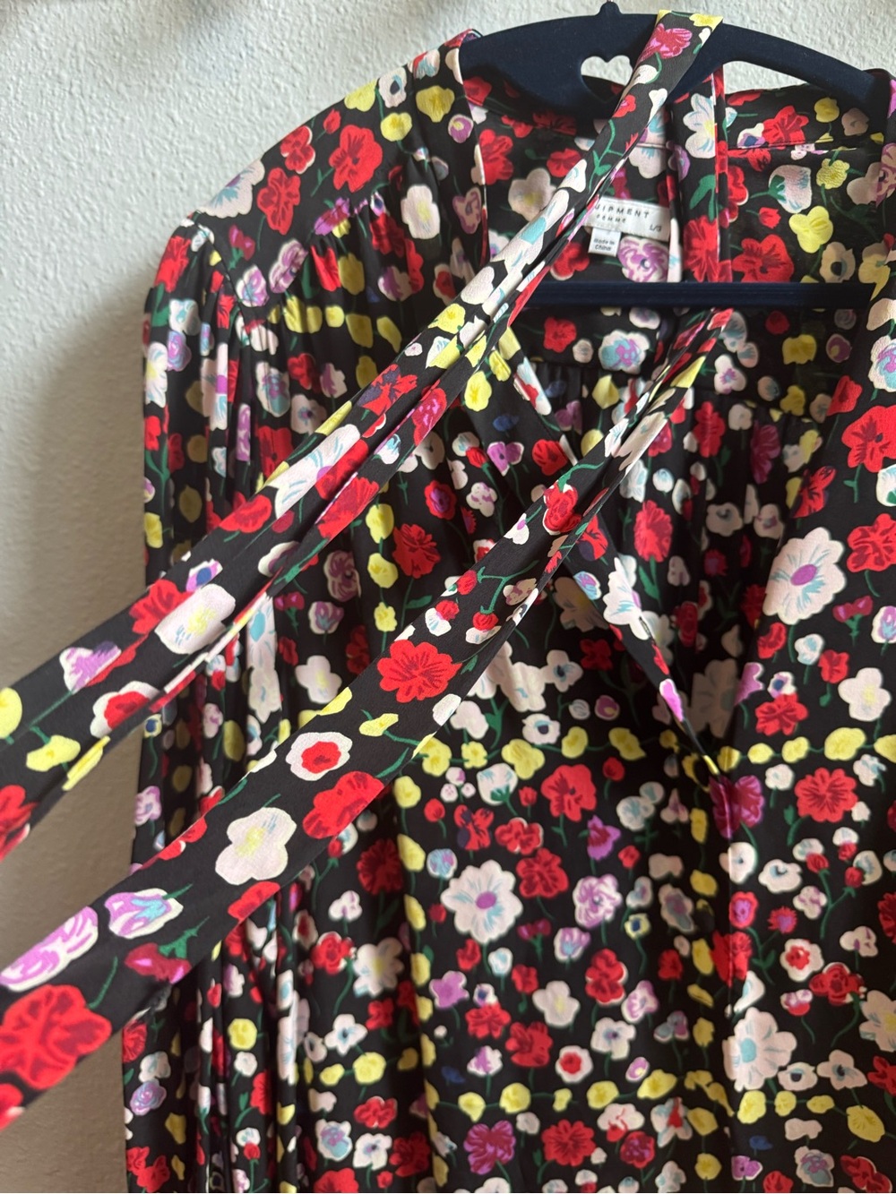 EUC Equipment Black Floral Midi Dress with Red, Yellow, Pink & White Flowers - Picture 8 of 9